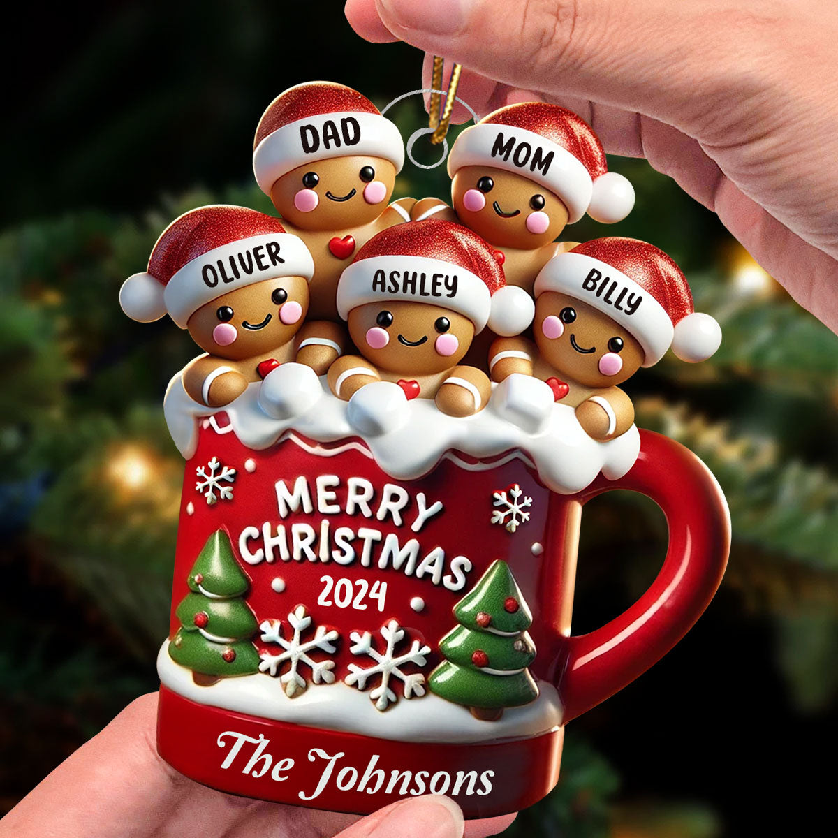 Gingerbread Family In Hot Cocoa Christmas Decor - Personalized Acrylic Ornament