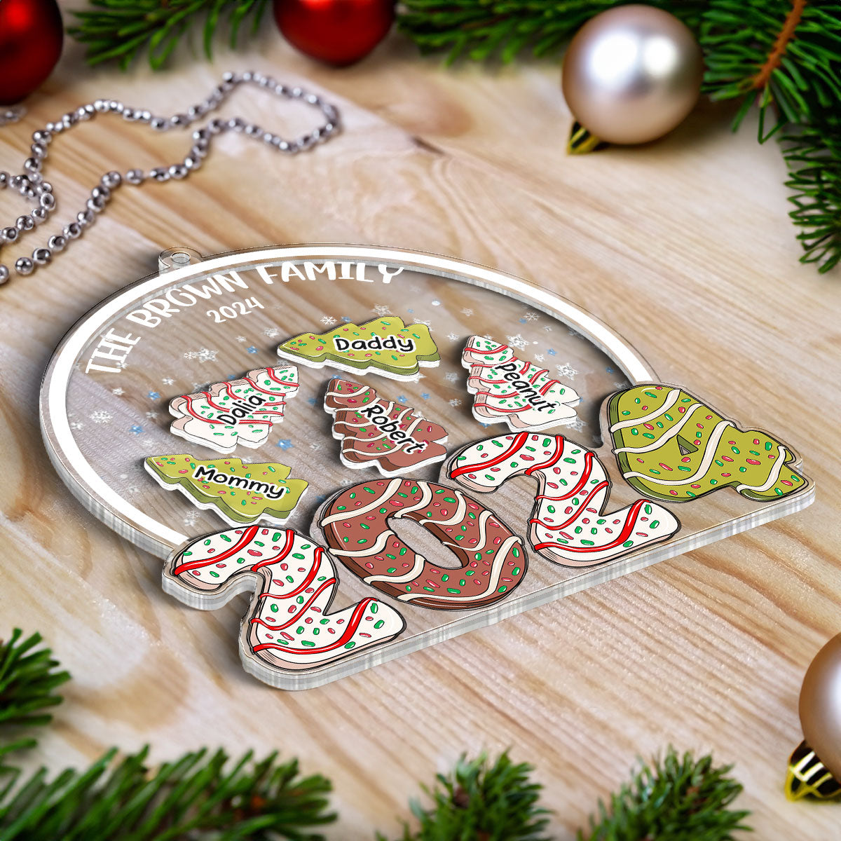 Family Christmas Tree Cake 2024 Personalized Shaker Ornament, Christmas Gift