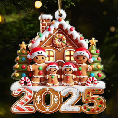 3D Effect 2025 Gingerbread Family With Gingerbread House - Personalized Acrylic Ornament