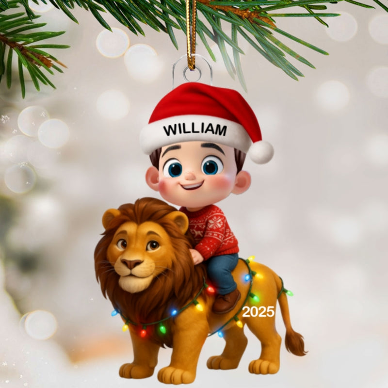 3D Effect Little Kid Jungle Safari Animals Lion Christmas Personalized Acrylic Ornament