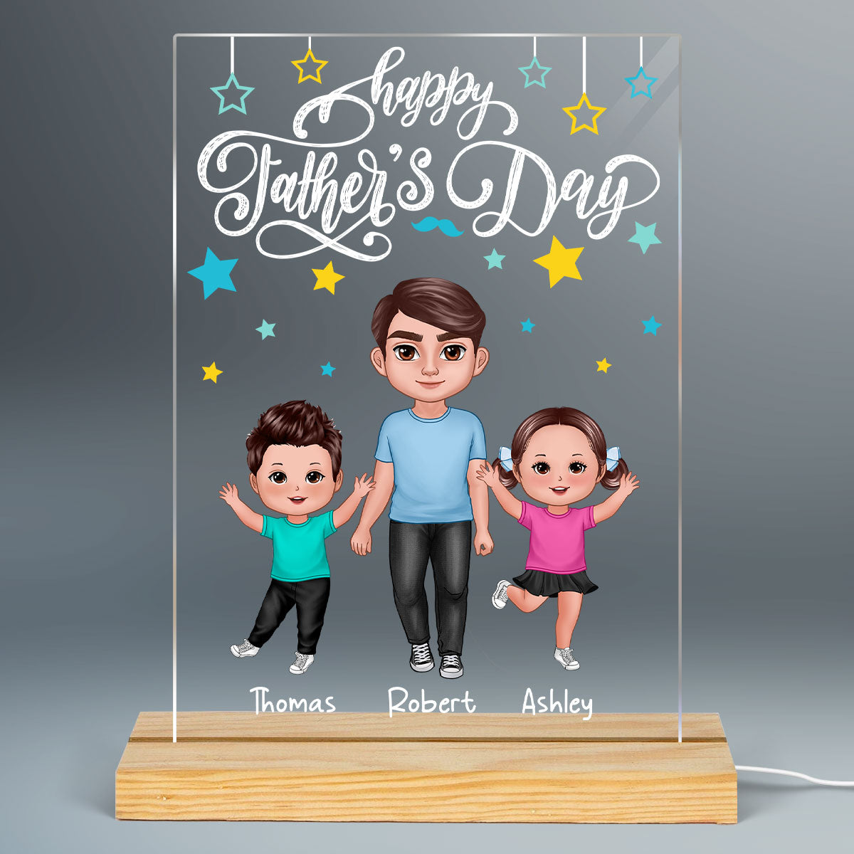 Happy Doll Dad Kids Stars Personalized Rectangle Acrylic LED Night Light