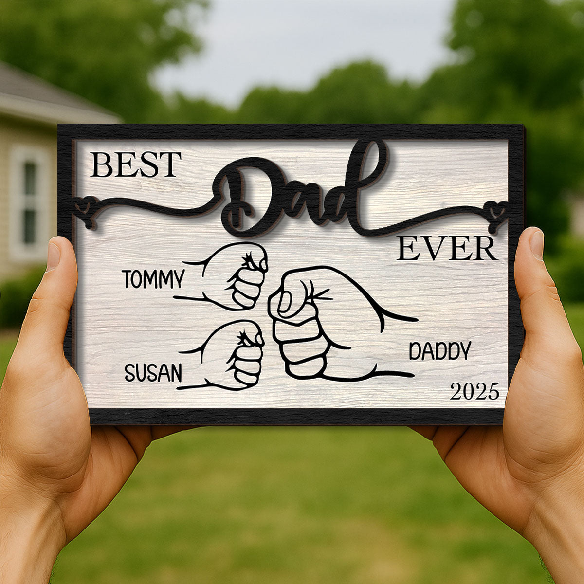 Personalized Father's Day Gift, Fist Bump Dad and Kids 2-Layer Wooden Plaque