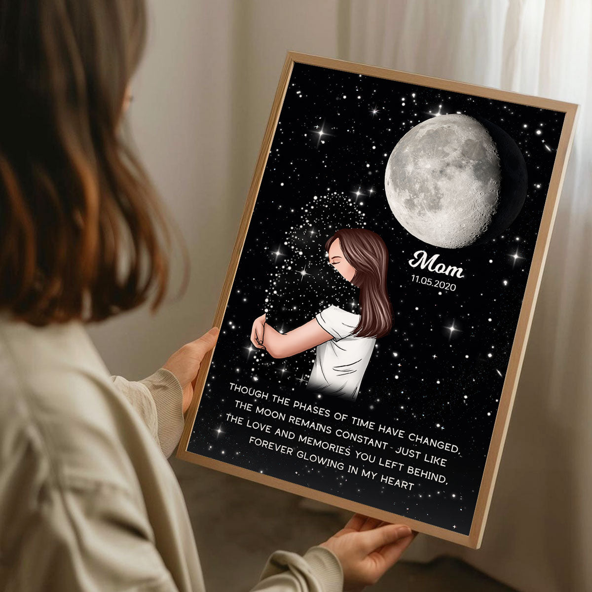 Lost Loved One Woman Hugging Moon Phase Galaxy Art Memorial Sympathy Gift Personalized Poster