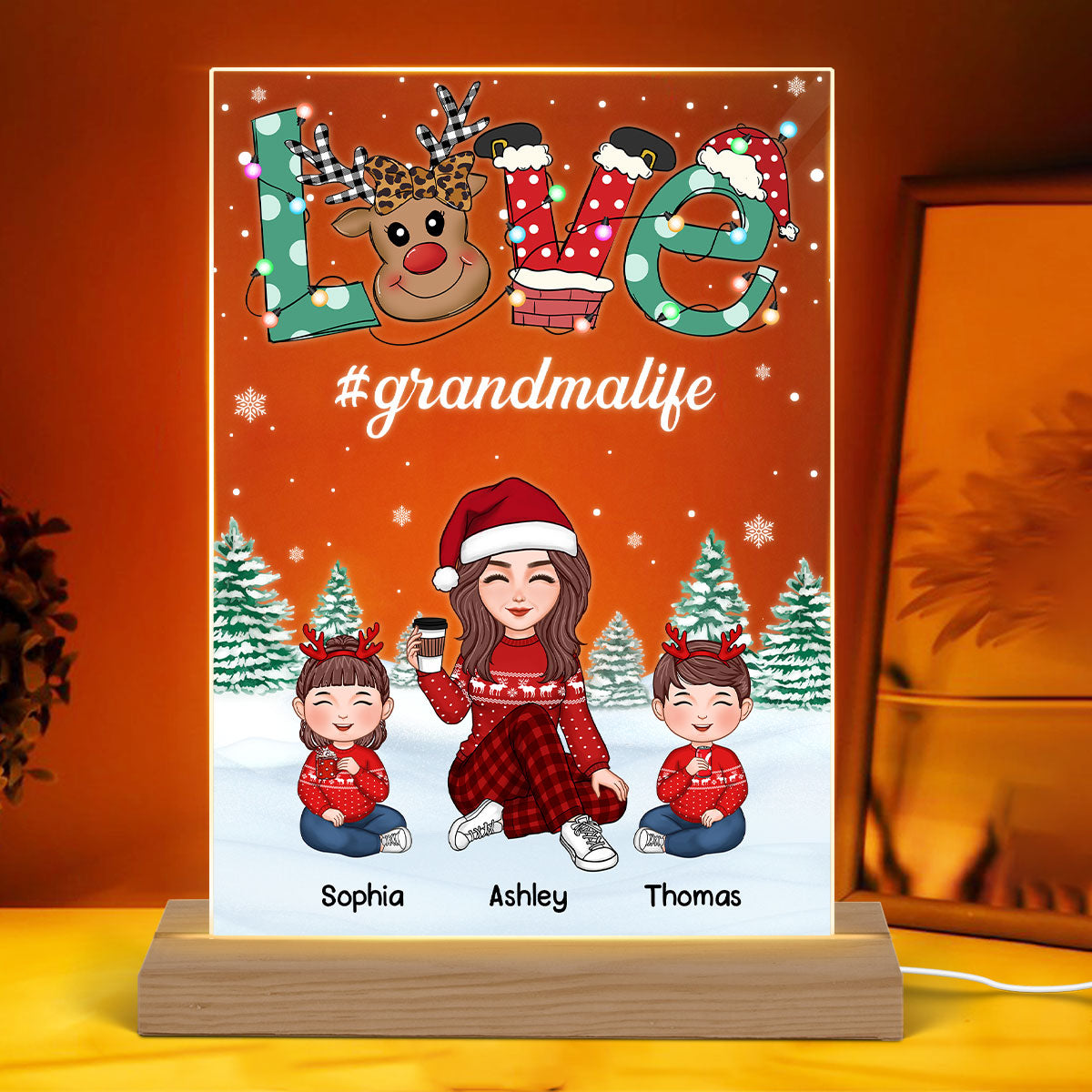 Grandma And Kids Christmas Reindeer LOVE Personalized Acrylic Rectangle LED Night Light