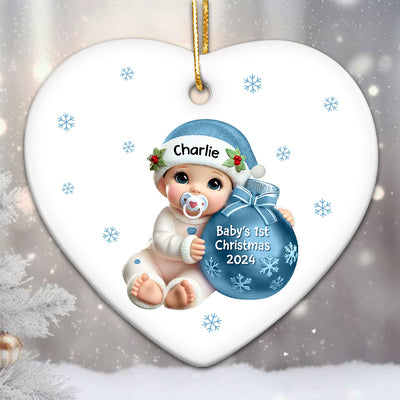 Baby Beside Christmas Bauble Baby's First Christmas Personalized Flat Heart Ceramic Ornament