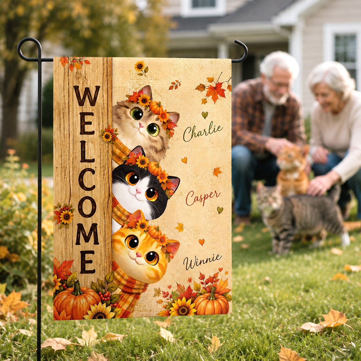 Cozy Fall Cat Welcome - Personalized Garden Flag