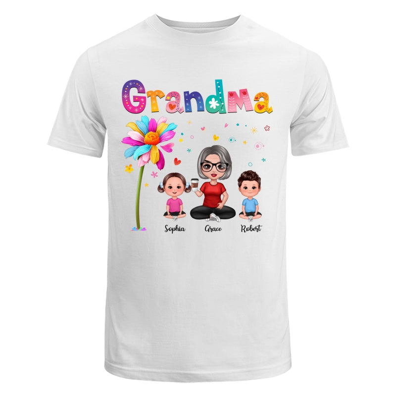 Colorful Floral Pattern Grandma With Grandkids Sitting Personalized Shirt