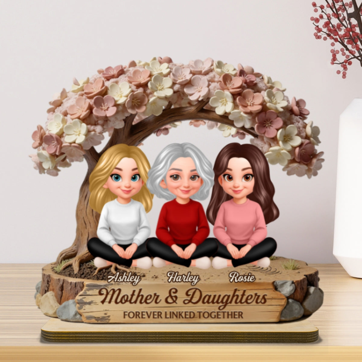 Mom And Daughter Son Under Blossom Tree - Personalized 2-Layered Wooden Plaque - Gift For Mom