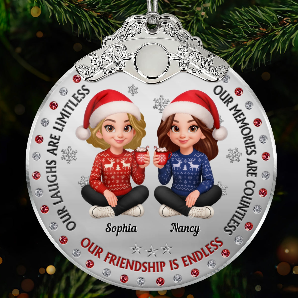 Christmas Besties Our Friendship Is Endless Metal Effect Texture - Personalized Glass Ornament With Silver Cap
