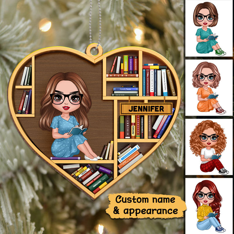 Bookshelf Book Lover Book Worm Personalized Christmas Wooden Ornament