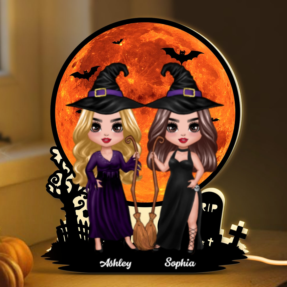Witch Besties Under Halloween Moon Tabletop Wicca Pagan Decor Personalized Light Box, Halloween Decor