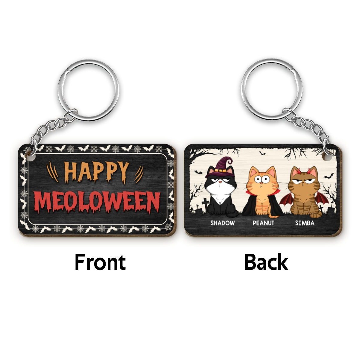 Happy Meowloween Fluffy Funny Cats Expressions Personalized Wooden Keychain