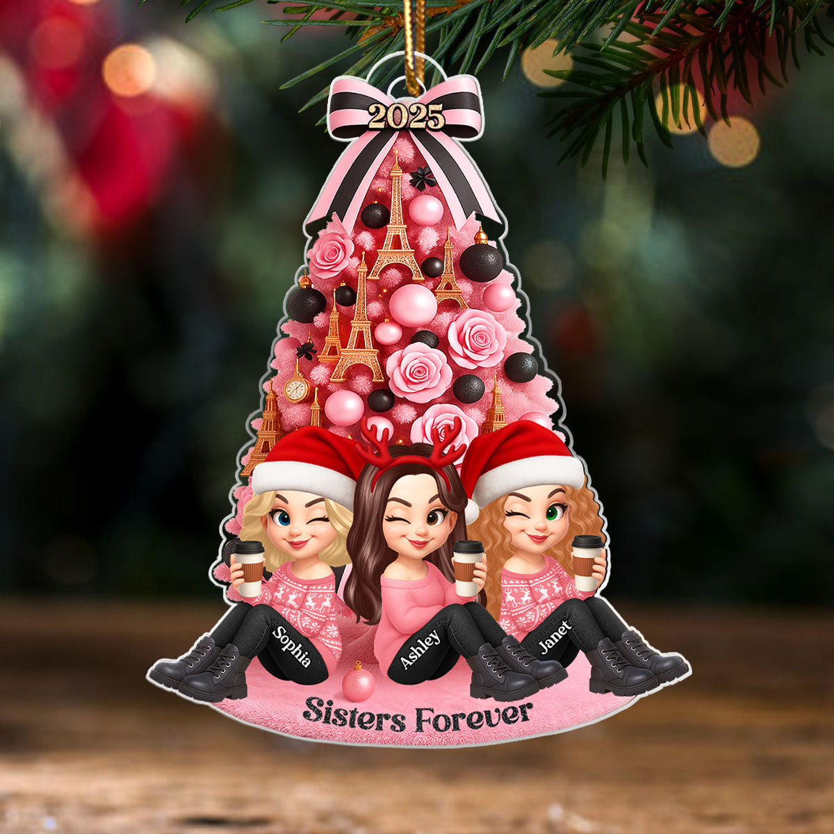 Besties Pink Christmas Tree Acrylic Ornament, Gift for Best Friends, Sisters