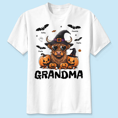 Grandma Halloween Highland Cow & Bats Kids Personalized Shirt, Gift For Grandma