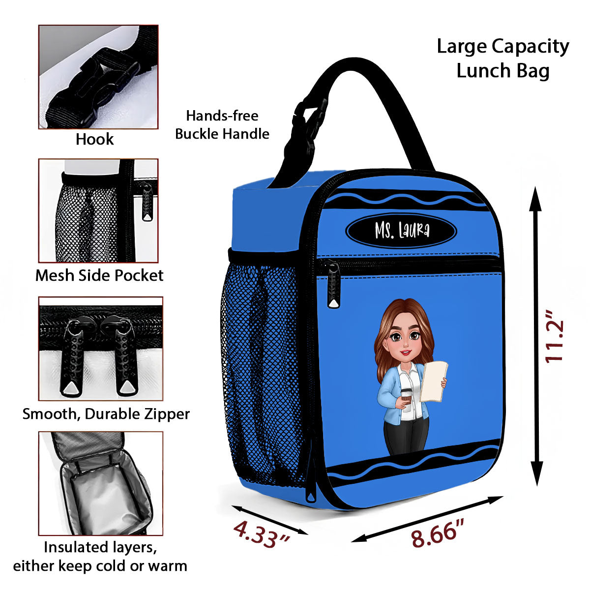 Teacher Crayon Personalized Insulated Lunch Bag, Back To School Gift For Teacher