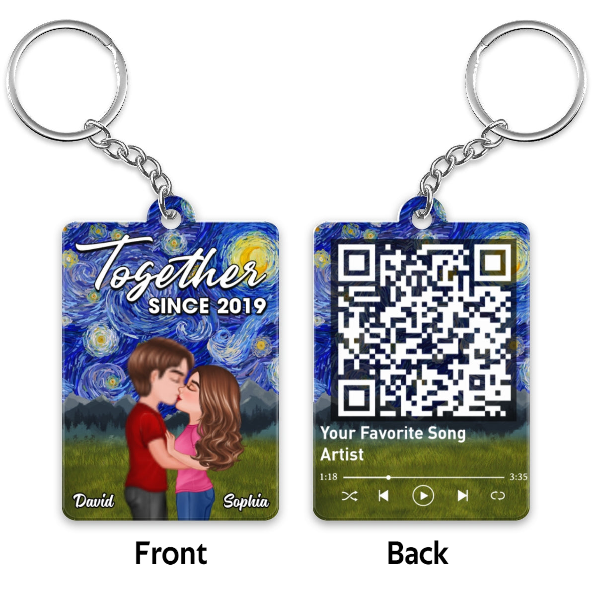 Night Sky Swirl Glowing Moon Couple Kissing Favorite Song QR Code Personalized Acrylic Keychain