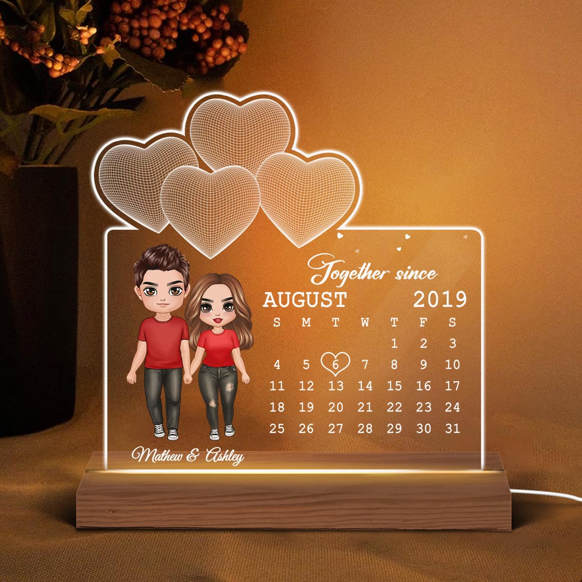 Doll Couple Standing Under 3D Heart Anniversary Date Calendar Personalized Custom Shape Acrylic Plaque With LED Night Light - Anniversary Gift For Couple - Gift For Him Gift For Her