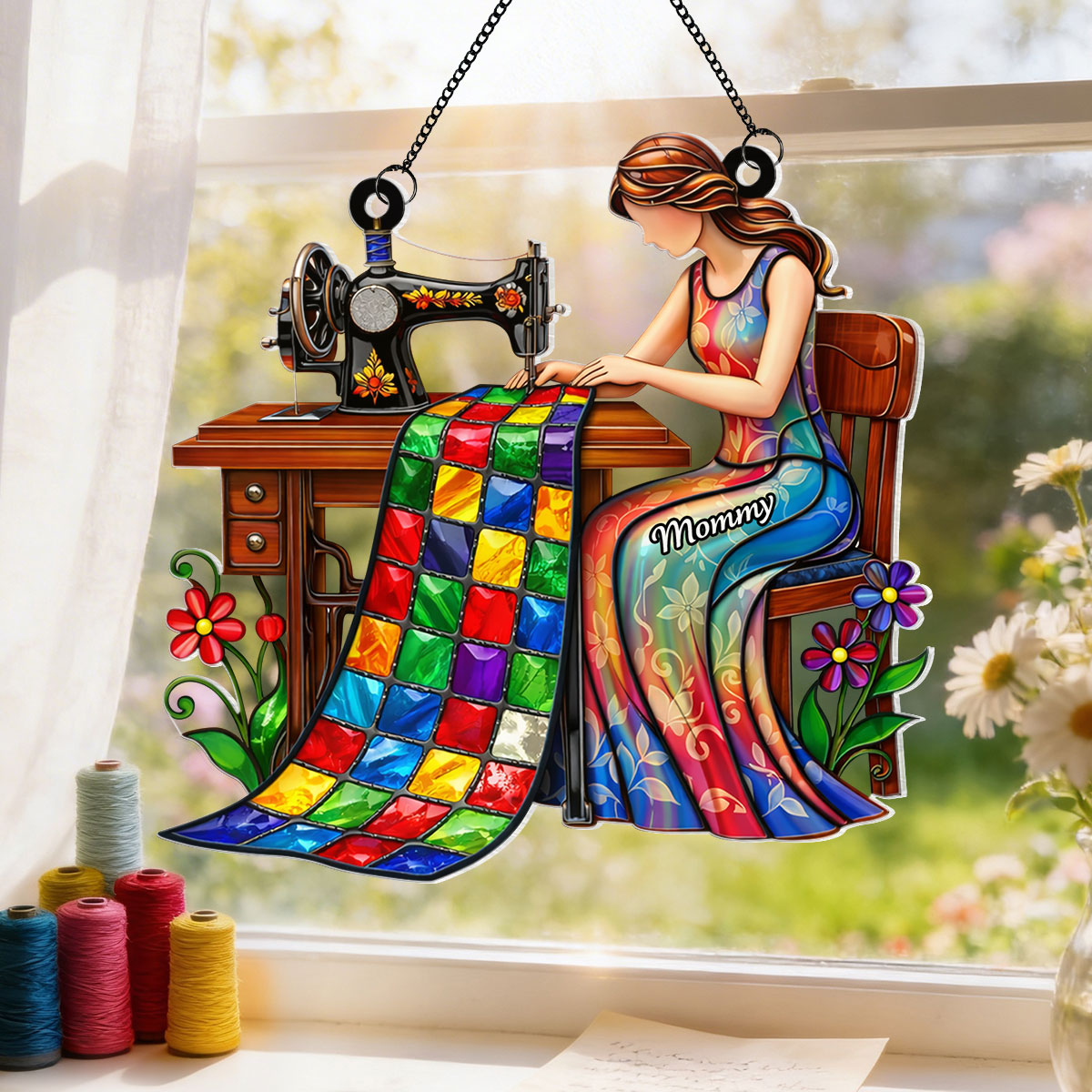 Mom Grandma Sewing Colorful Quilt - Personalized Acrylic Window Hanging - Gift For Mom, Grandma