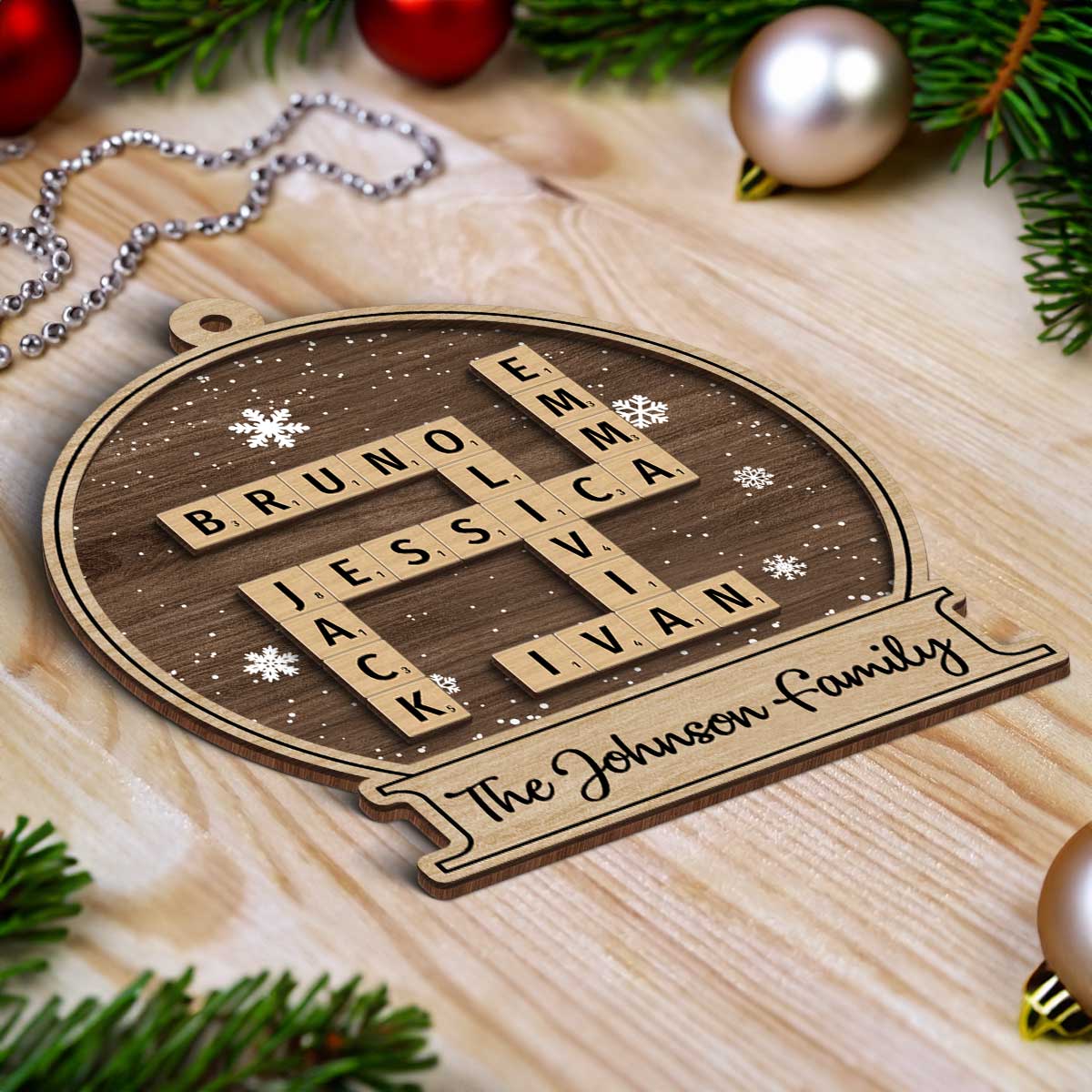 Family Names In Snow Globe Crossword Puzzle Art Personalized 2-Layer Wooden Ornament, Christmas Decor, Christmas Gift For Families