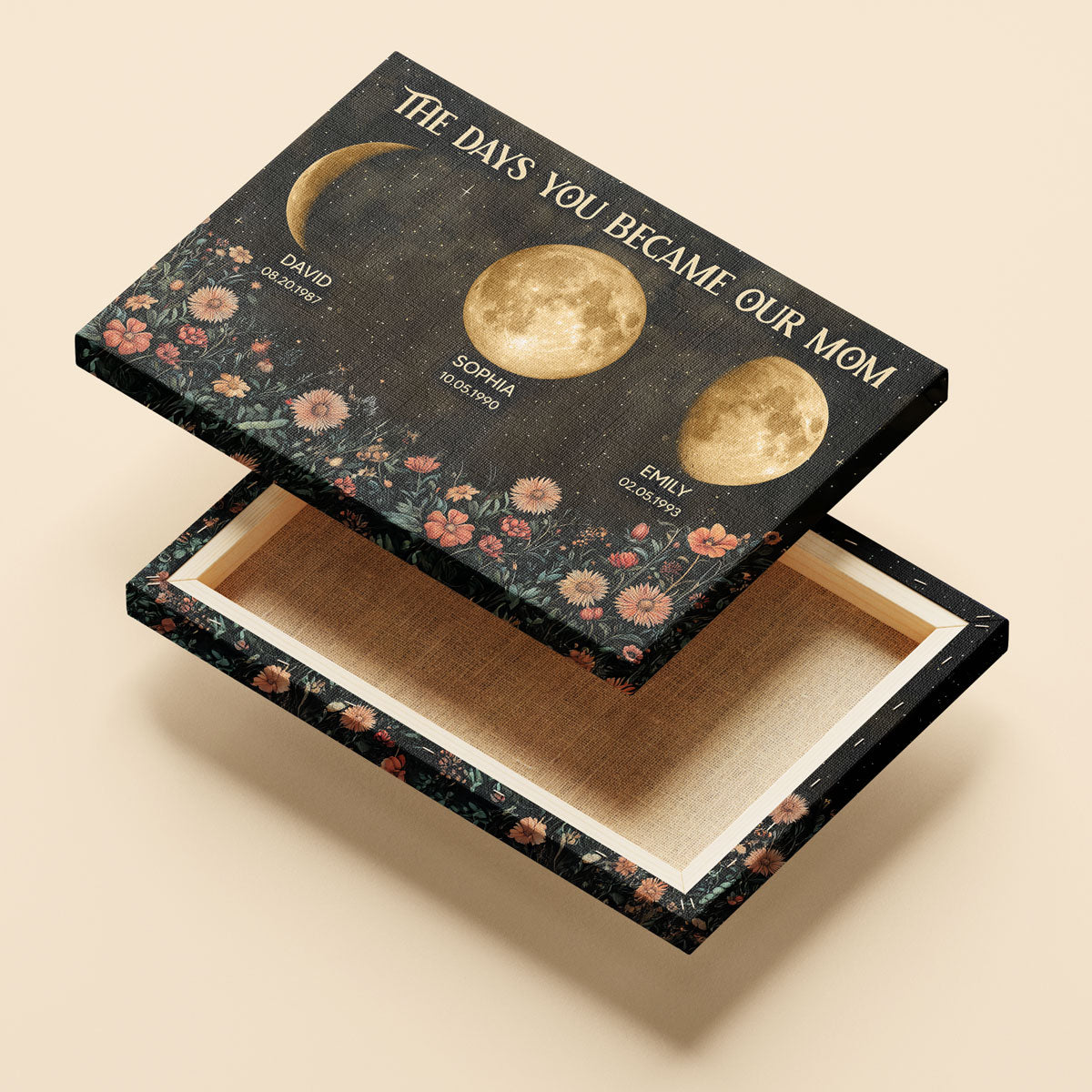 Vintage Flowers The Day You Become Mom Grandma Custom Birth Moon Phase Personalized Canvas Prints