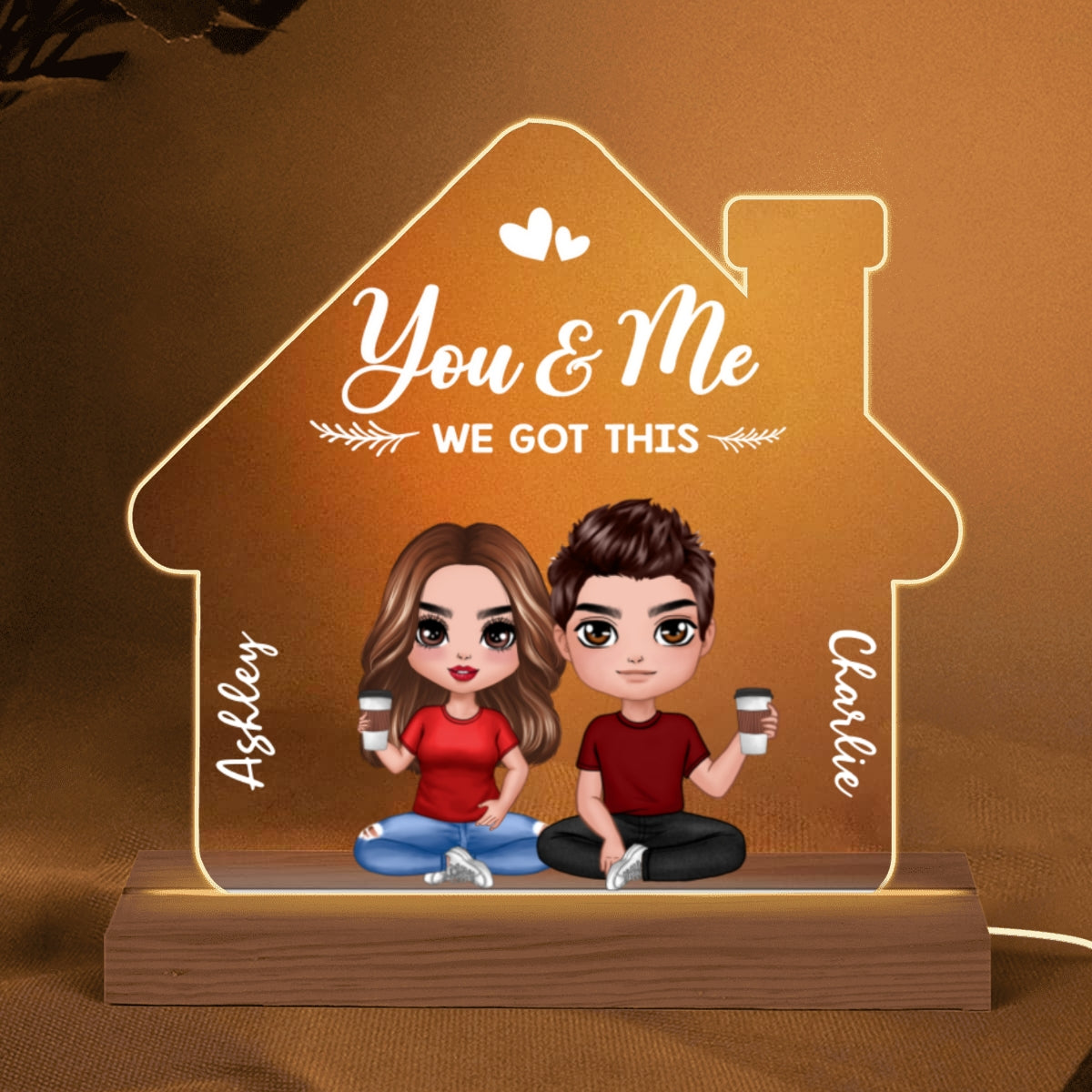 Doll Couple Home Sweet Home House Shaped Personalized Custom Shape Acrylic Plaque With LED Night Light - Anniversary Gift For Him - Gift For Her