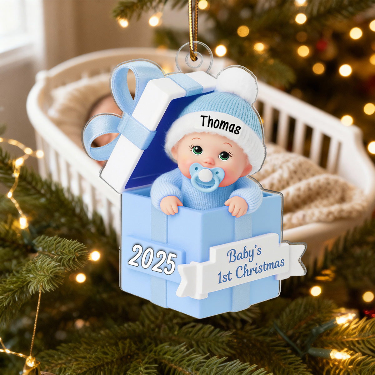 3D Effect Baby In Gift Box - Personalized Acrylic Ornament - First Christmas Keepsake