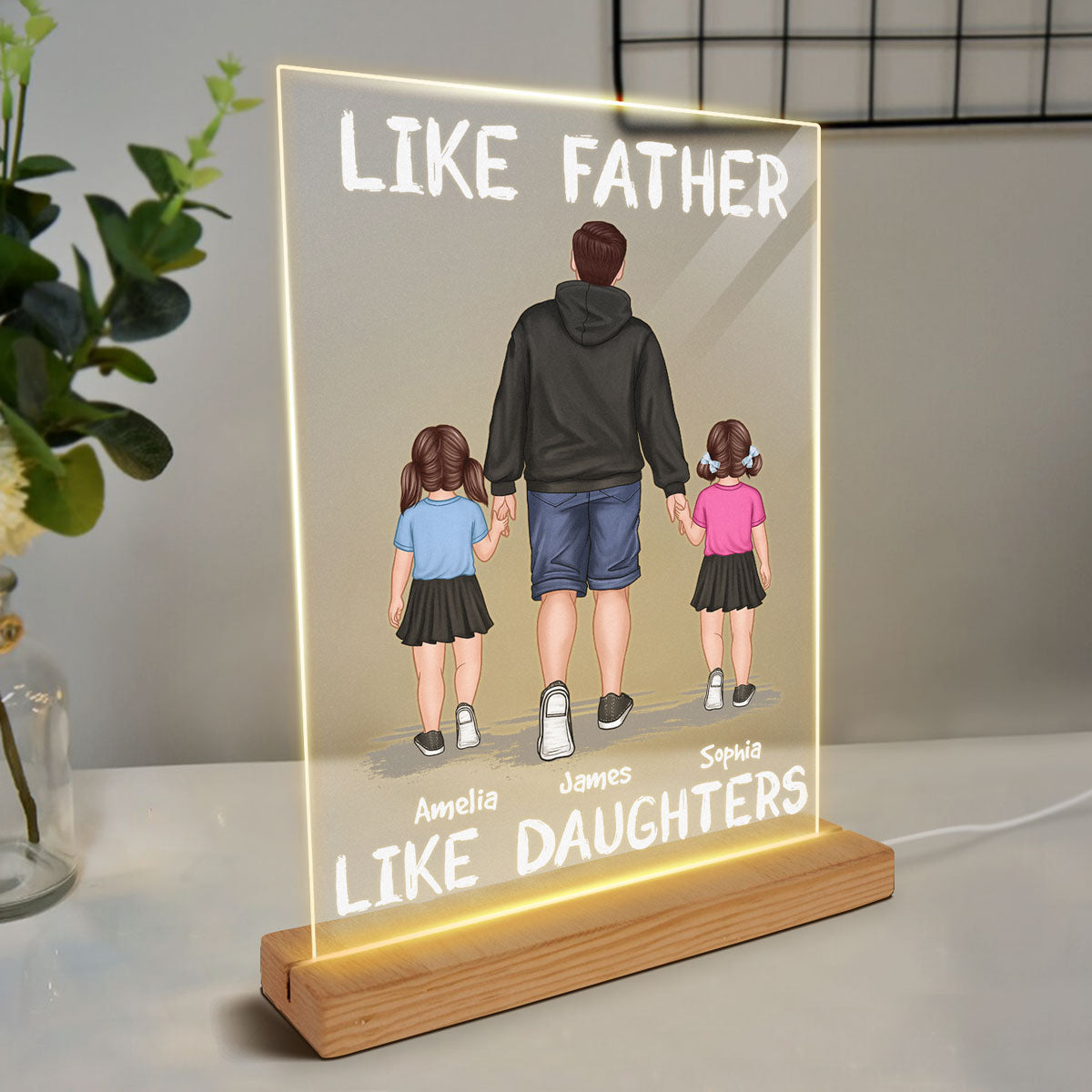 Like Father Like Son Like Daughter Dad And Kids Walking Personalized Rectangle Acrylic Plaque LED Night Light