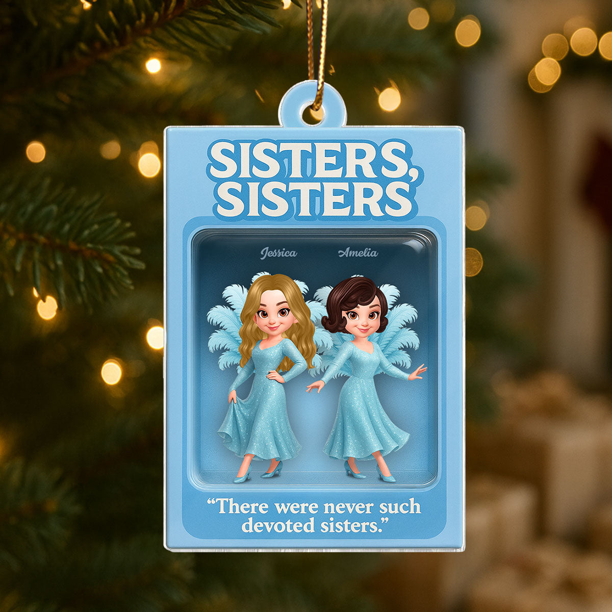 3D Effect Blue Dress Sisters Besties Inside Toy Box Personalized Acrylic Ornament