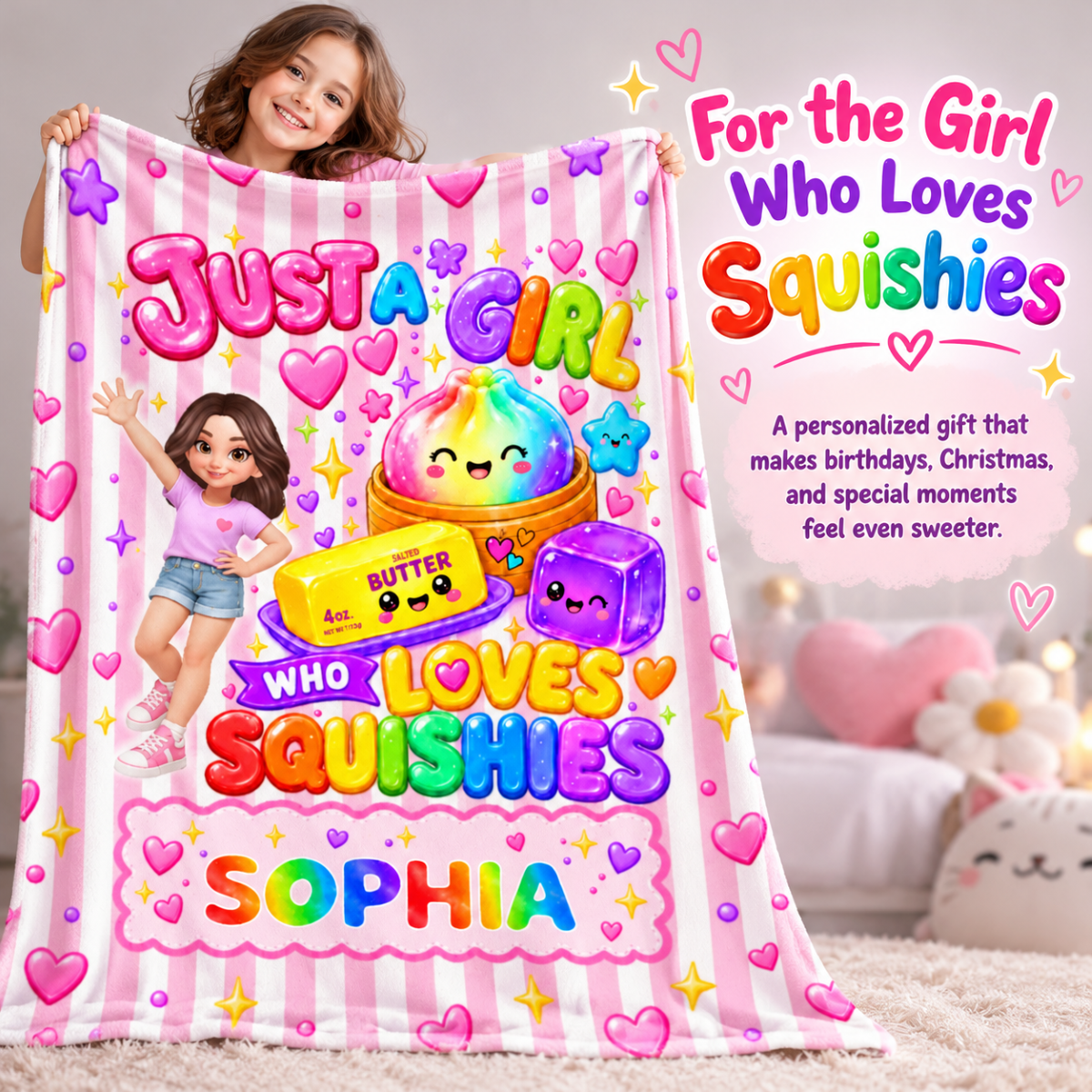 Just A Girl Who Loves Squishies - Personalized Fleece Blanket - Christmas Gift For Girl, Granddaughter, Daughter