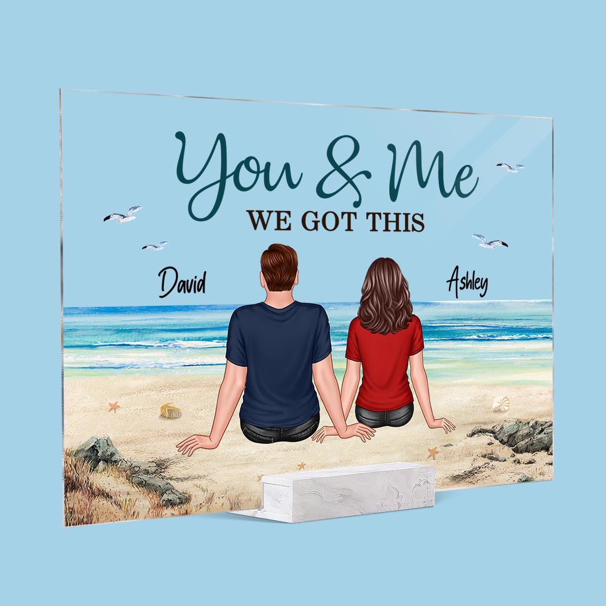 Back View Couple Sitting Holding Hands Beach Landscape Personalized Acrylic Plaque