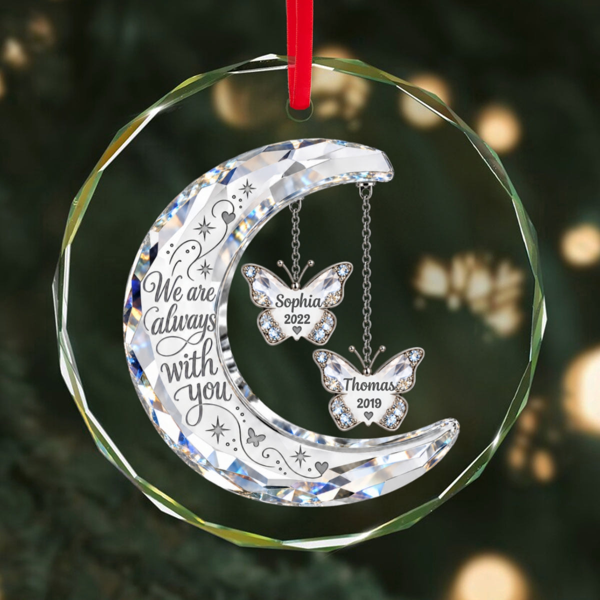 Always With You Memorial Crystal Moon & Butterfly Ornament 2D Flat - Personalized Glass Ornament - Sympathy Gift