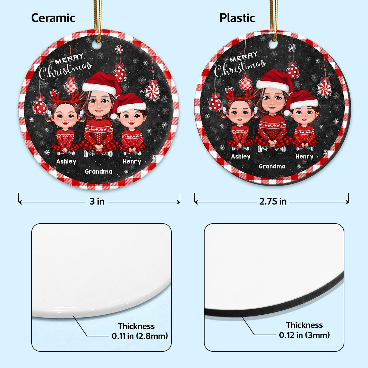 Checkered Patterned Frame And Ornaments Grandma Grandkids Personalized Cirlce Ornament