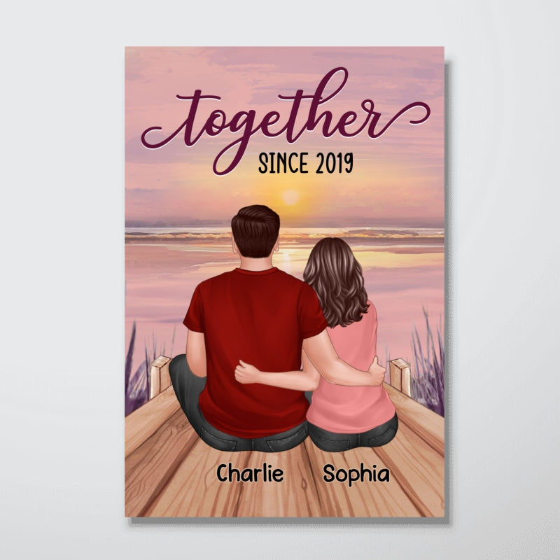 Couple Sitting Back View Lake Sunset Personalized Vertical Poster