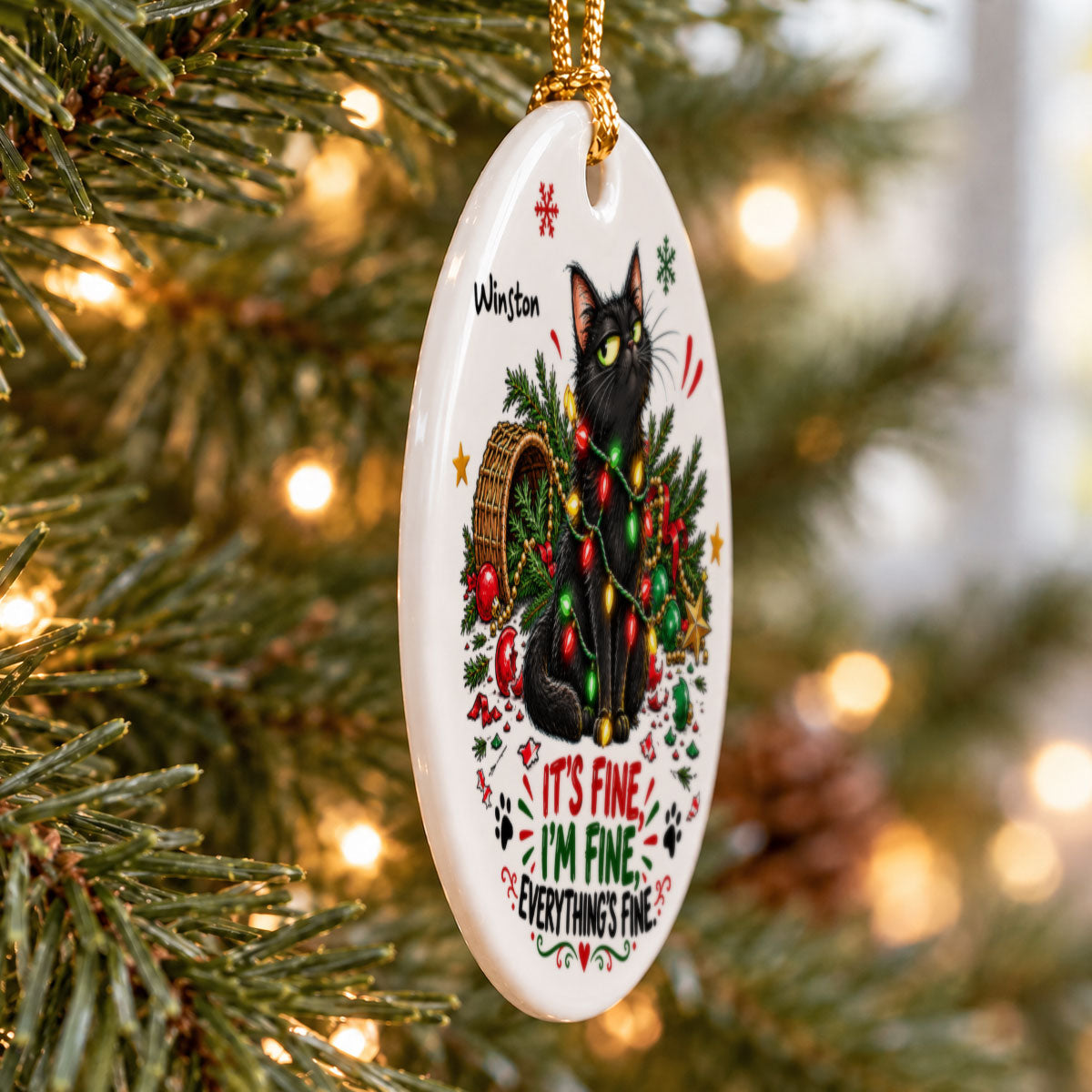 Everything Is Fine Bossy Cat Portrait From Your Photo - Personalized Ceramic Ornament - Funny Christmas Tree Decor For Cat Lovers