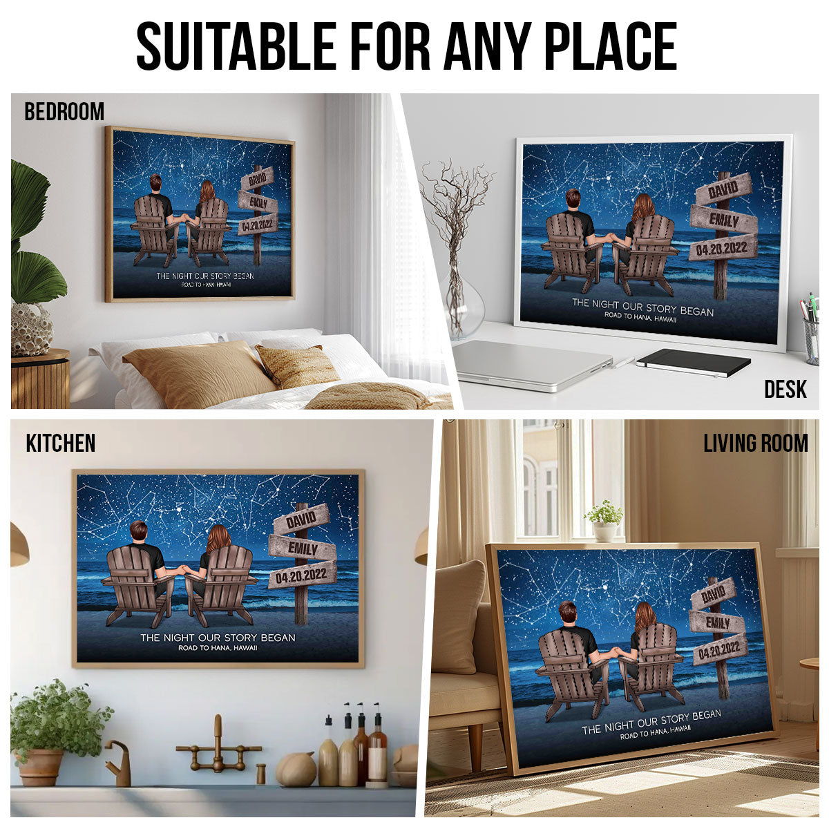 Custom Constellation Star Map Romantic Beach Landscape Couple Sitting Holding Hands Sign Posts Personalized Poster, Heartfelt 2025 Gift For Couple, For Him, For Her, Boyfriend, Girlfriend, Husband, Wifed, Wife