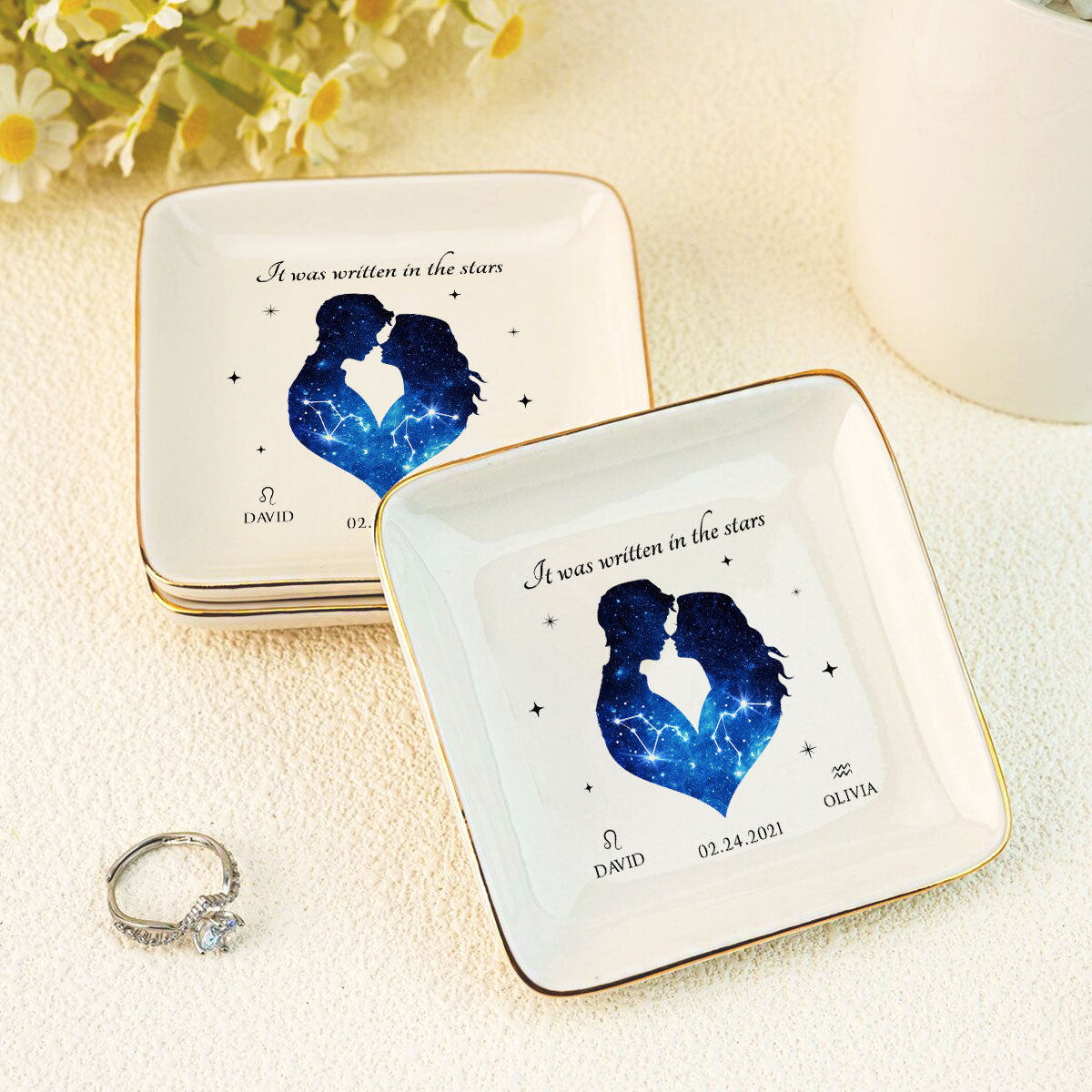 It Was Written In The Stars Hugging Couple Personalized Zodiac Constellation Jewelry Dish, Gift For Bride and Groom, Bridal Shower Gift, Anniversary Gift, Engagement Gift