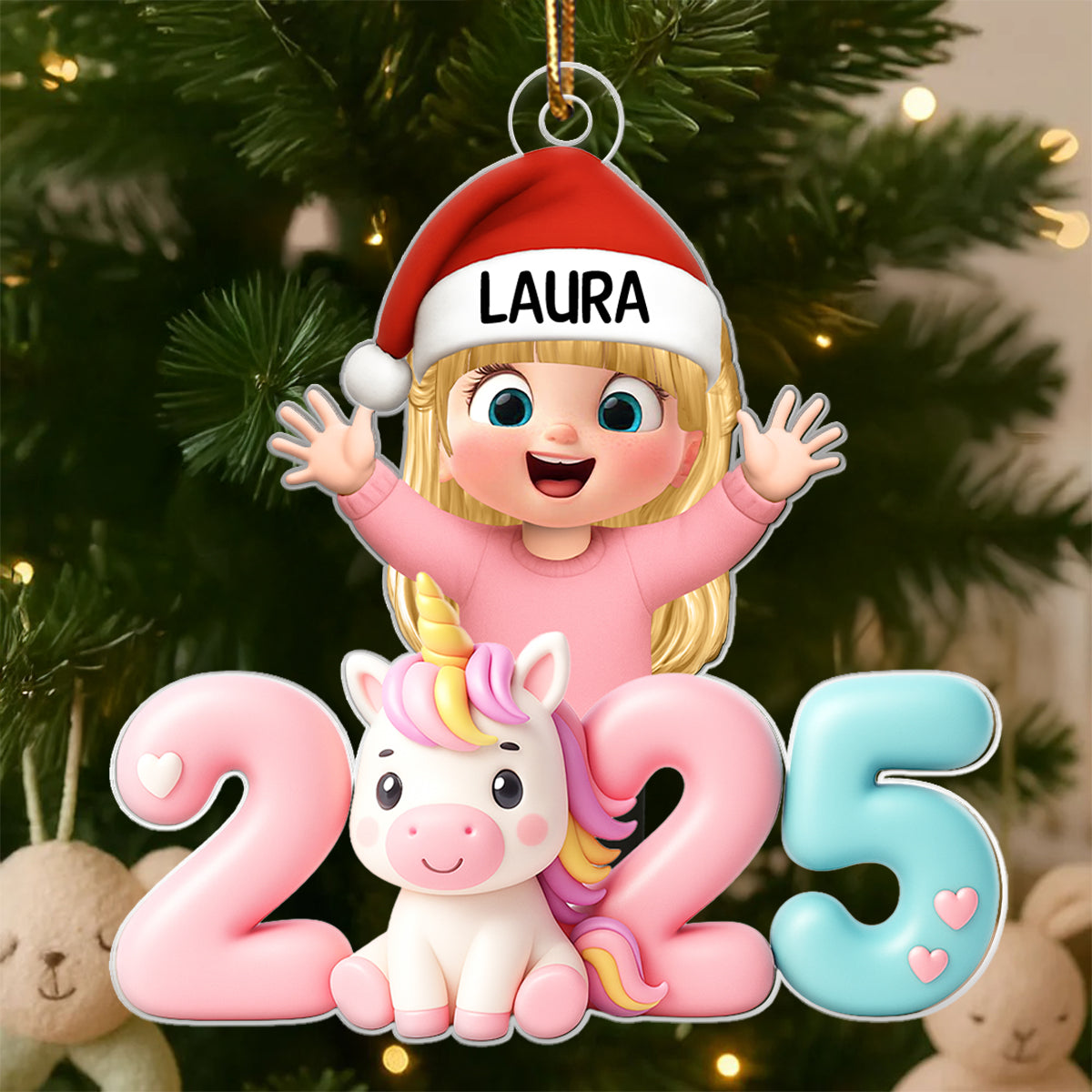 3D Effect Happy Kid With Unicorn Numbers - Personalized Acrylic Ornament - Christmas Gift For Kids, Grandkids, Granddaughter