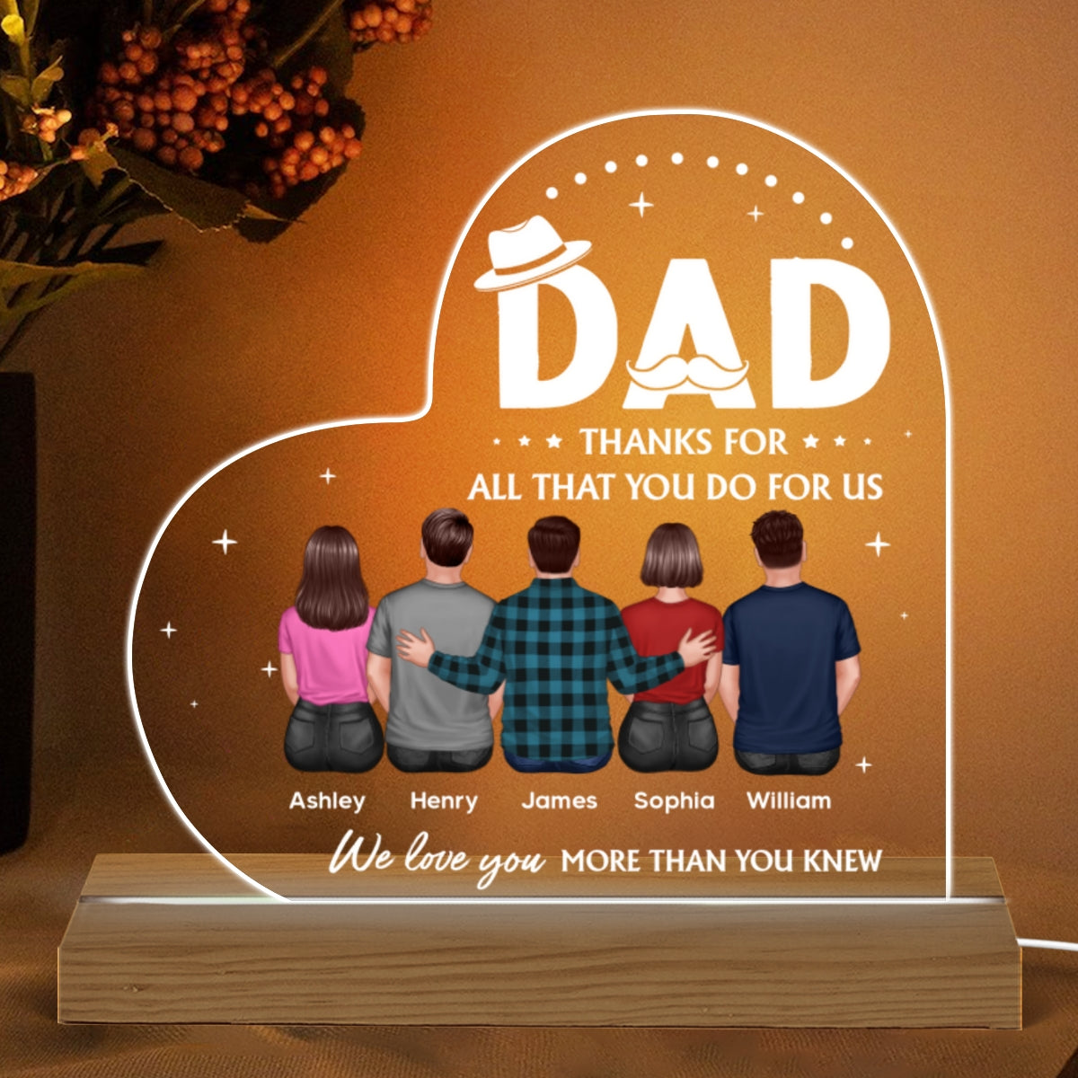 To Dad Back View Dad And Daughters Sons Personalized Custom Shape Acrylic Plaque Warm LED Night Light
