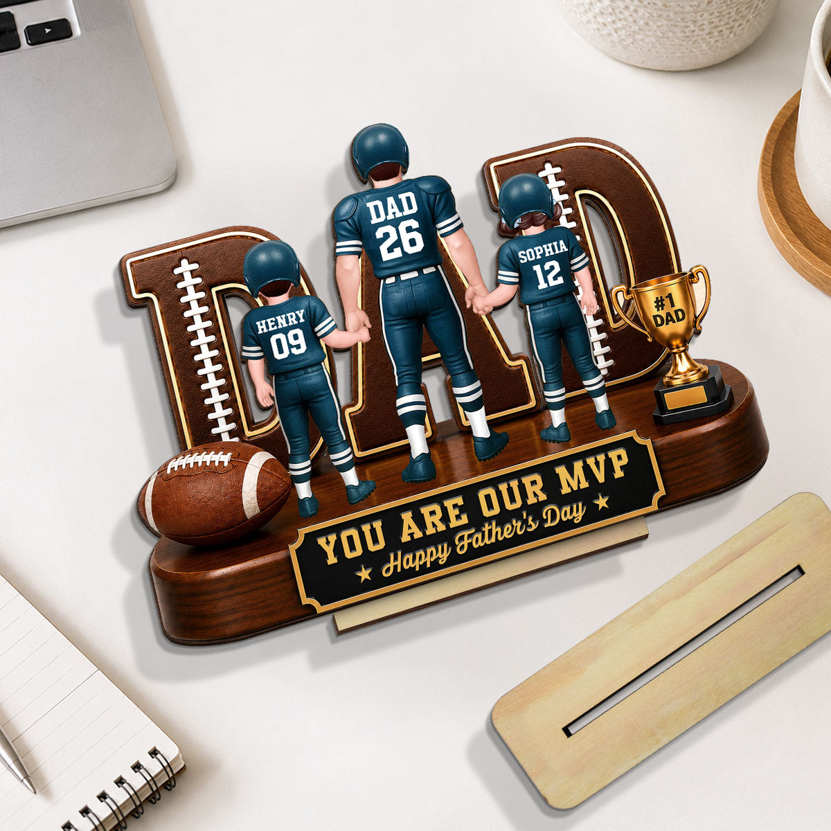 American Football No 1 Dad Legend Daddy's Dream Team - Personalized 2-Layered Wooden Plaque - Father's Day Gift For Dad