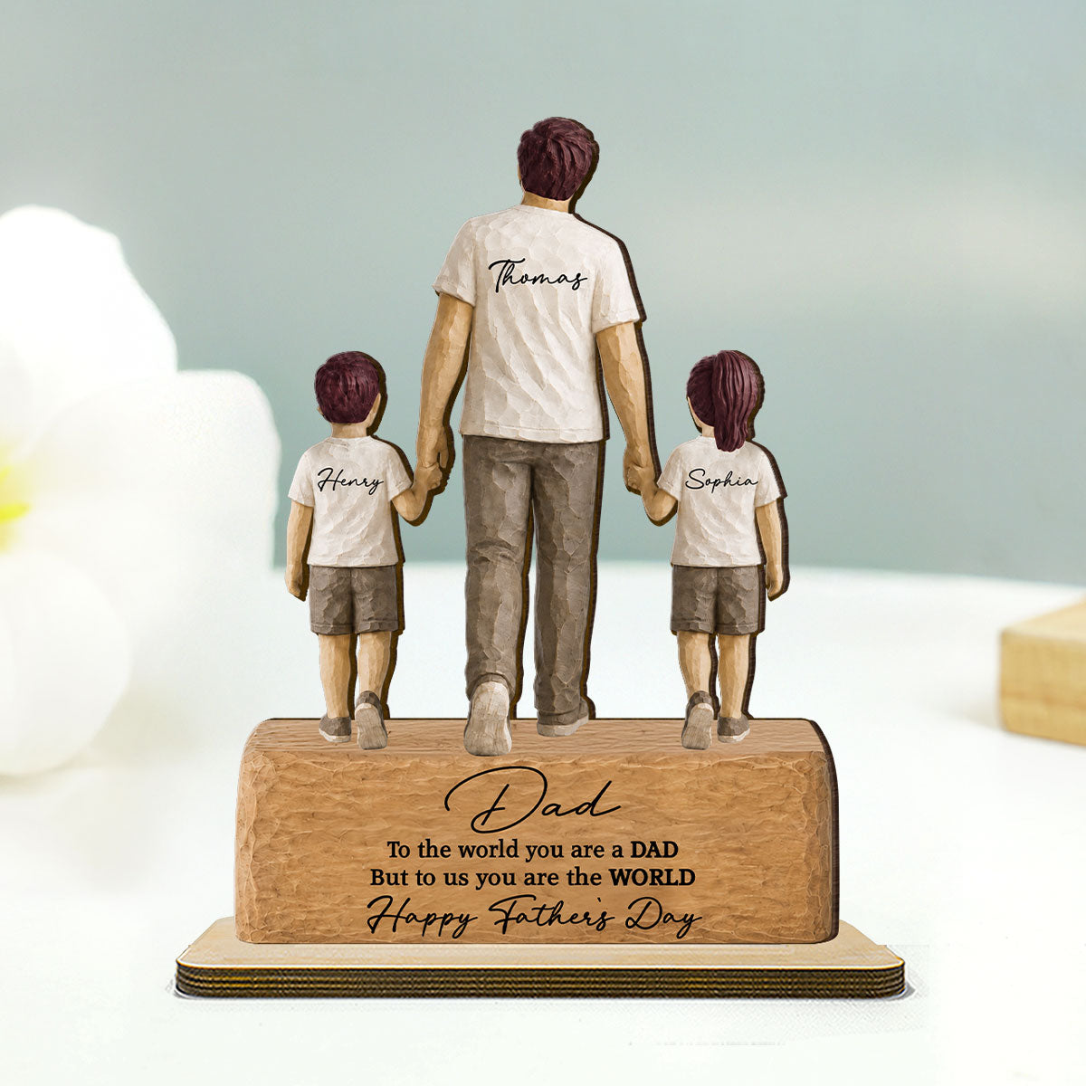 Sentimental Rustic Dad And Kids Walking - Personalized 2-Layered Wooden Plaque - Heartfelt Father's Day Gift For Dad, Husband