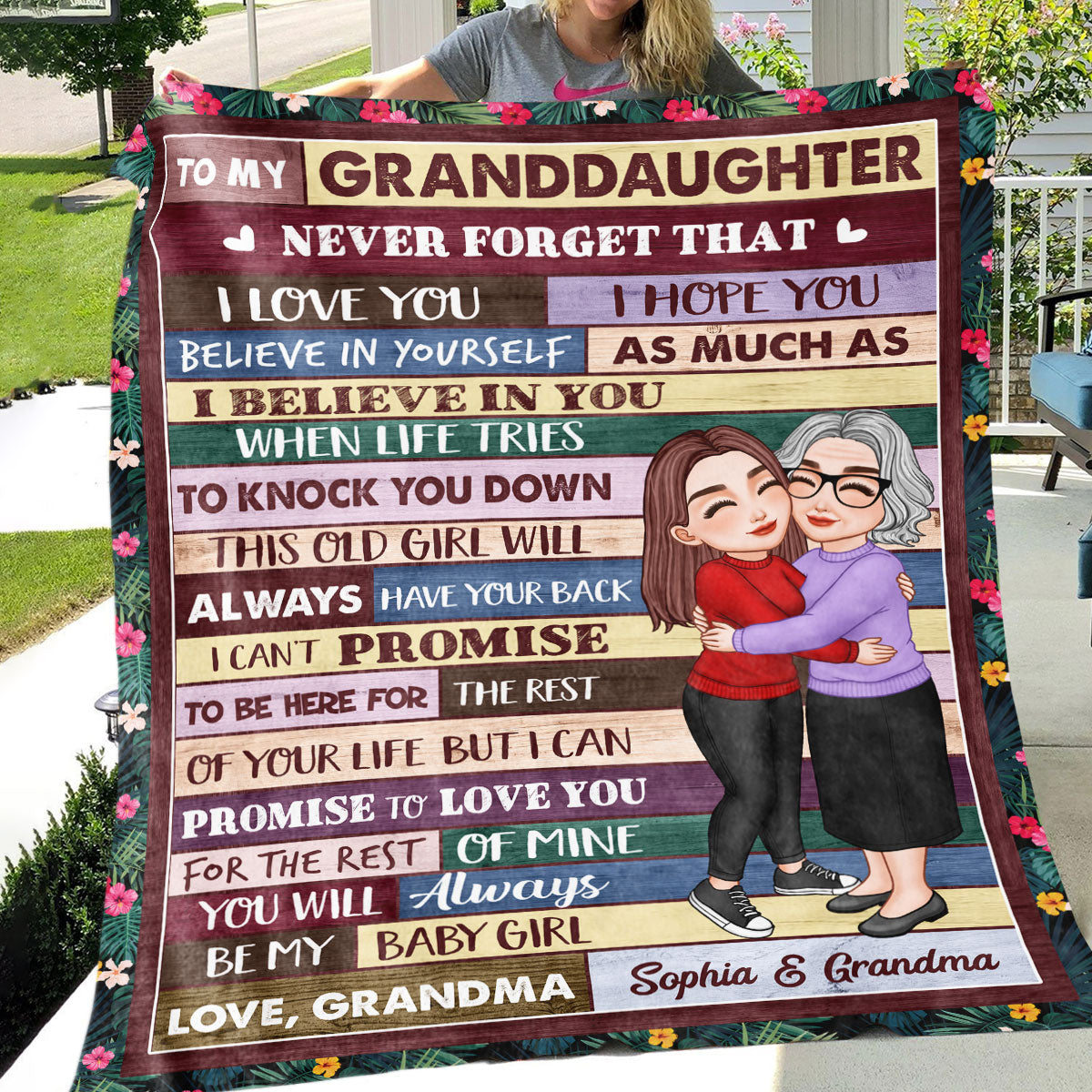 Grandma & Grandkid Hugging Gift For Teenage Adult Granddaughter Grandson Grandchildren Personalized Fleece Blanket