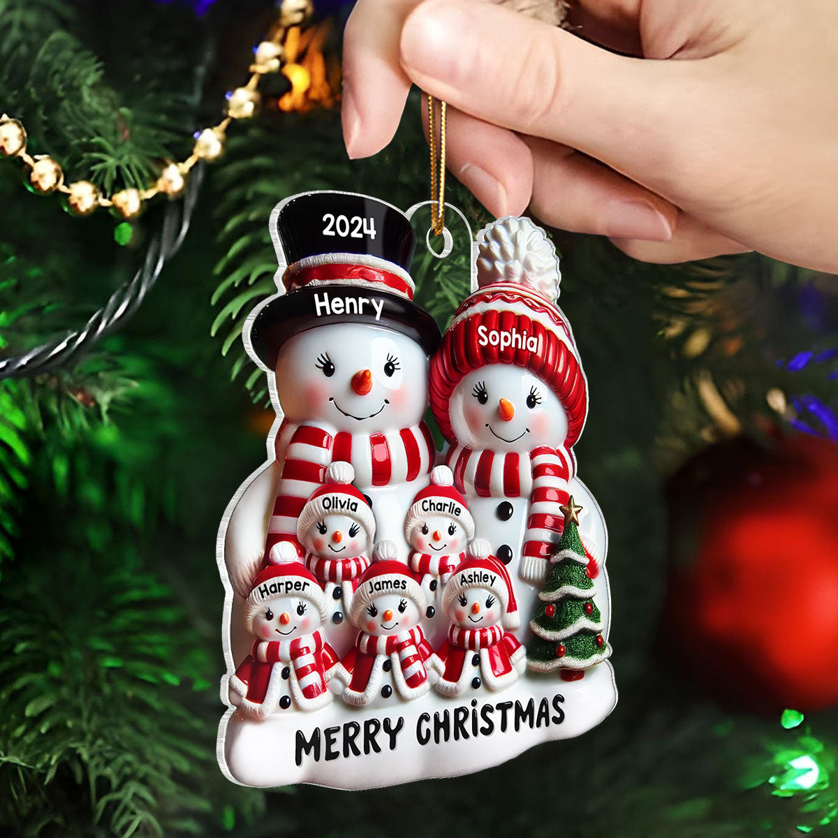 Snowman Family Glossy Effect Christmas Decor Personalized Acrylic Ornament