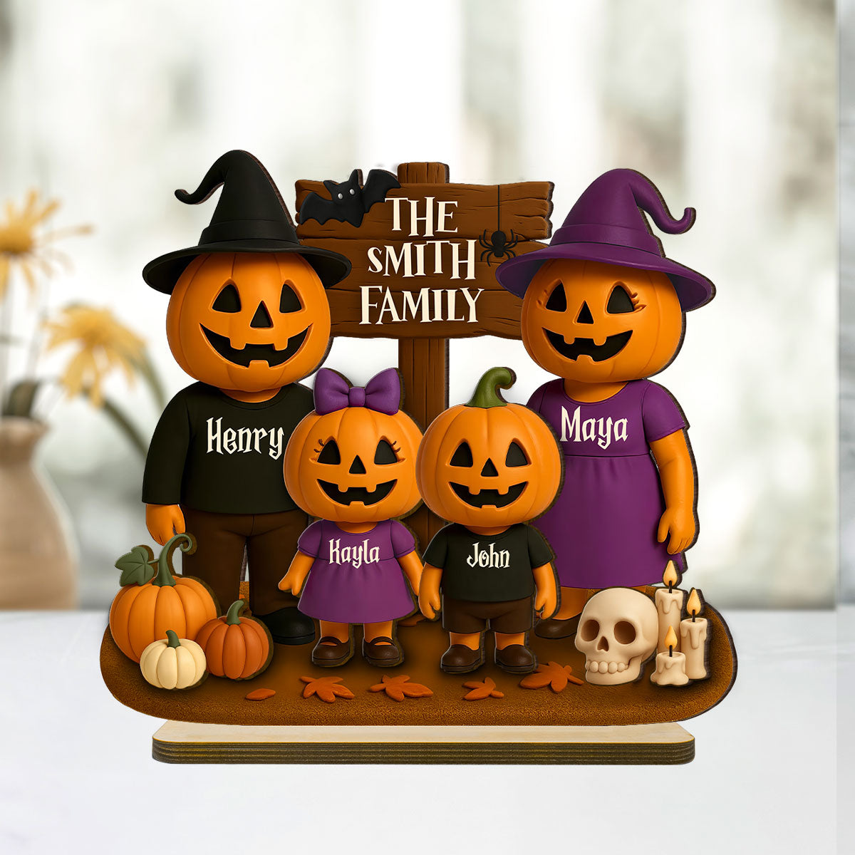 Jack O' Lantern Grandparents, Grandkids 3D Effect Personalized 2-Layered Standing Wooden Plaque, Halloween Decor