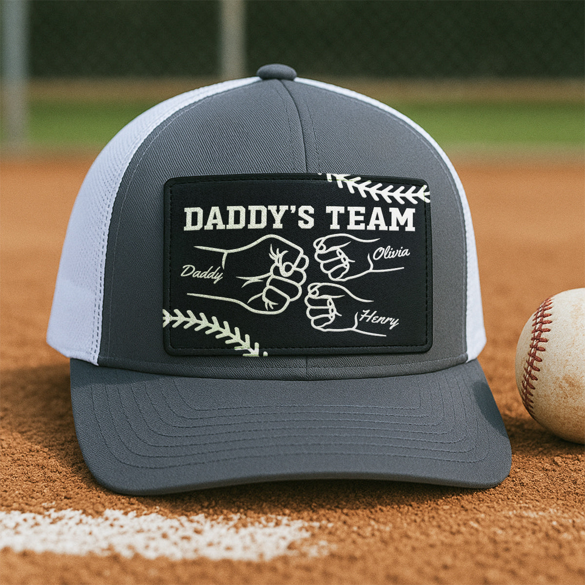 Baseball Daddy's Team Fist Bump Outline Personalized Leather Patch Hat
