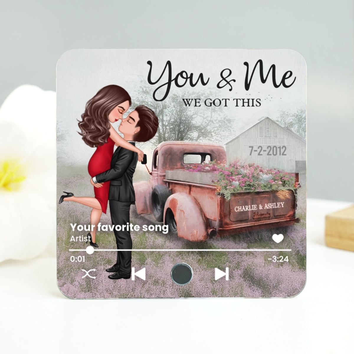 Red Vintage Truck Farmhouse Couple Hugging Kissing Personalized Music Fridge Magnet, Anniversary  Gift For Him, For Her