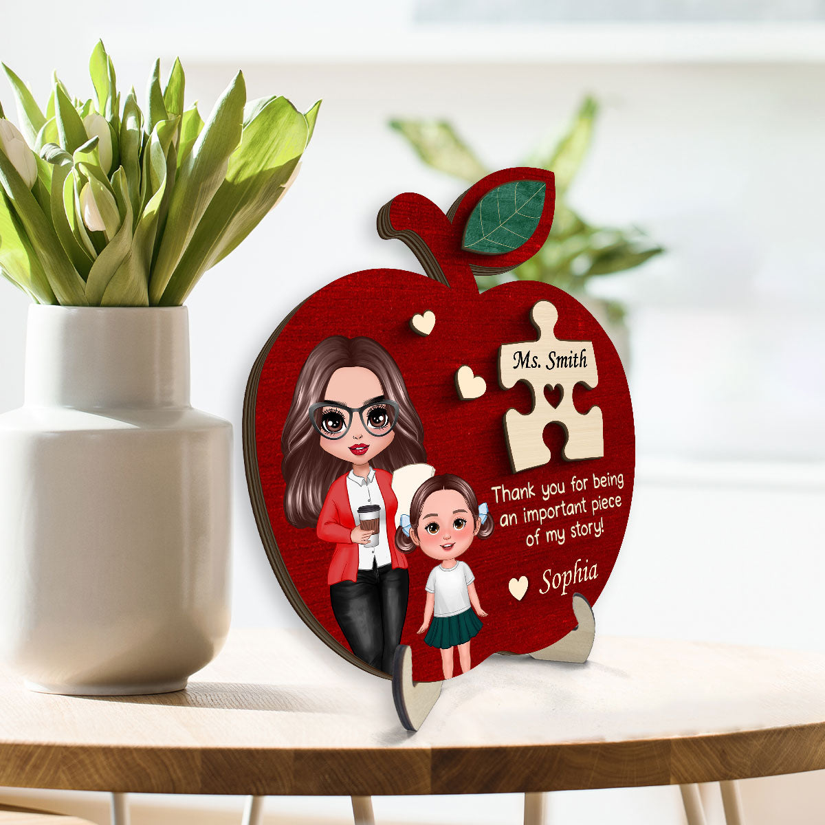 Teacher Apple Thanks For Being Piece Of My Story Personalized 2-Layer Wooden Plaque, Gift For Teacher, Appreciation Gift