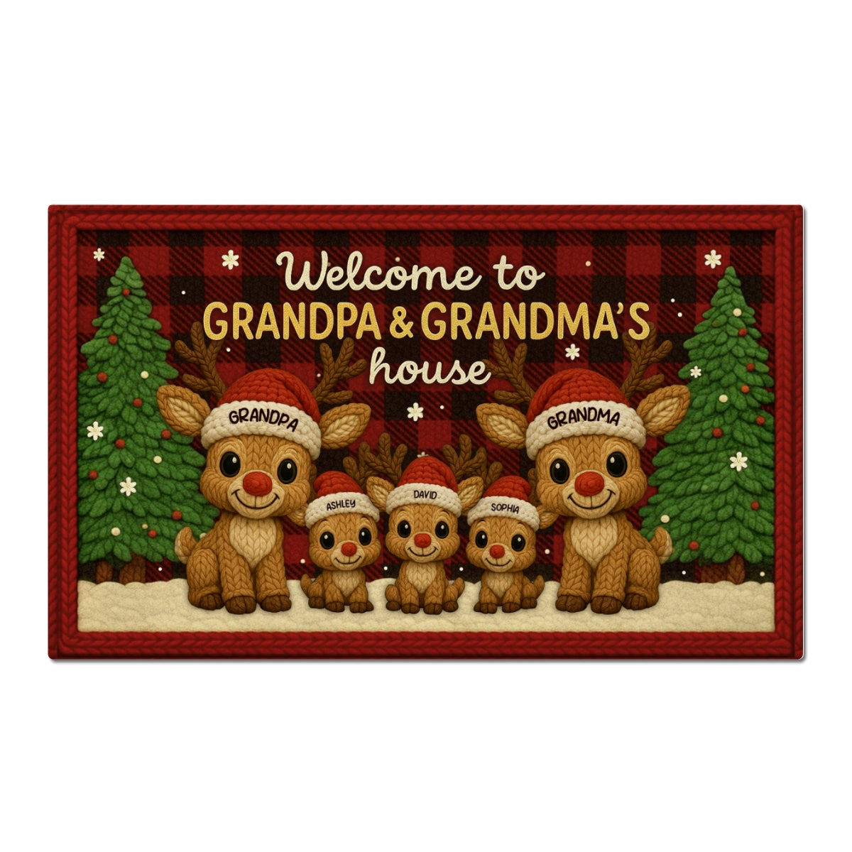 Grandma Grandpa Reindeers Crochet Faux Yarn Texture - Personalized Doormat - Christmas Decoration