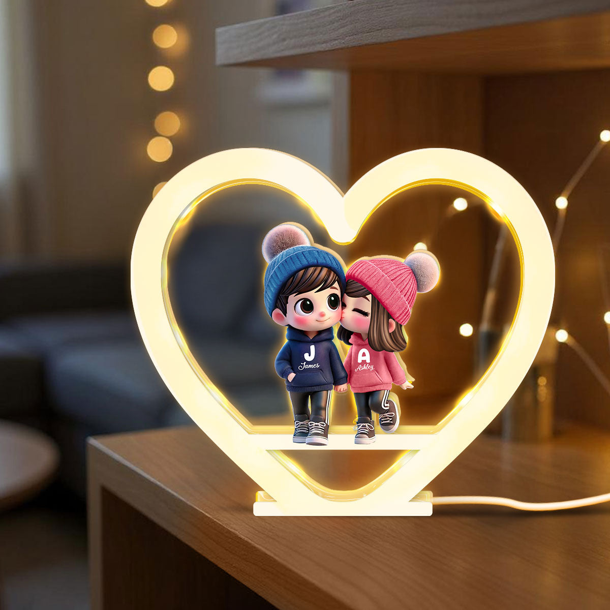 Cute Couple Kissing Heart Shape Personalized Light Box, Anniversary Gift for Him for Her