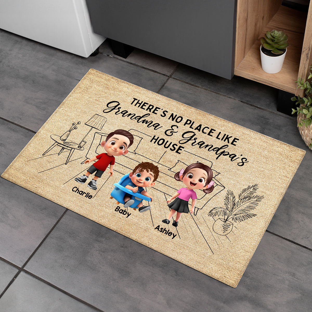 There's No Place Like Grandma Grandpa House Outline Background Personalized Doormat