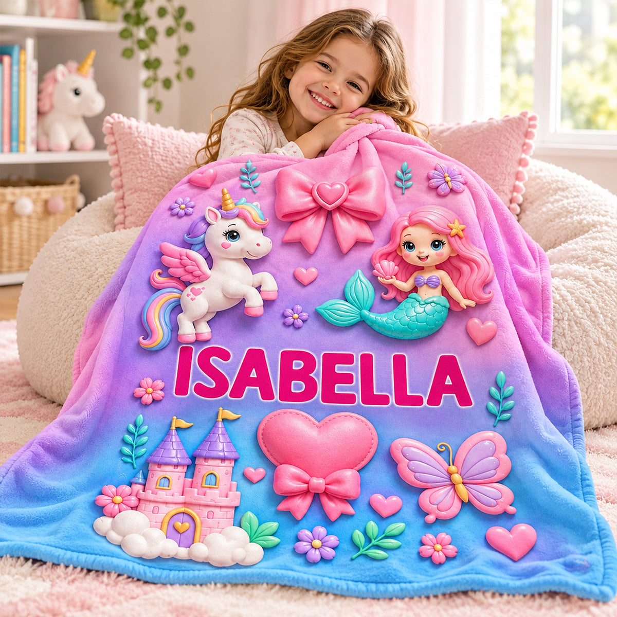 Cute Kids Animal & Fantasy World Custom Name - Personalized Fleece Blanket - Christmas Gift For Kids, Boys, Girls, Son, Daughter, Grandson, Granddaughter